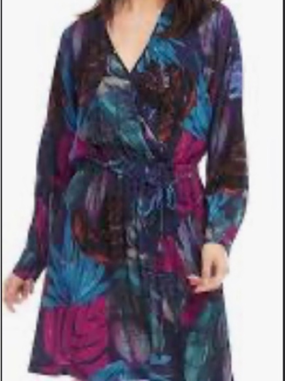Ava & Viv Teal Plum Black Wrap-Style Leaf Print Dress